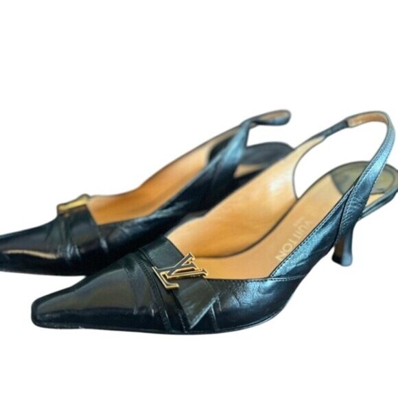 Louis Vuitton Black Leather Slingback Pumps Gold LV Logo Detail Box 39EU 8.5 US - Picture 5 of 13